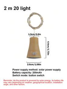 Luces de cadena con forma de corcho para botellas de vino, alimentadas por energía solar, de alambre de cobre, adecuadas para bodas, Navidad, decoración de exteriores, jardín y césped, con luz cálida/blanca/de color