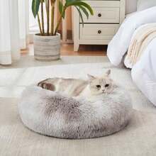 Calming Soft Round Dog & Cat Bed, Anti-Anxiety Donut Cuddler Warming Cozy Fluffy Faux Fur Plush Cushion Bed For Small Medium Pets (20"/24"/27"/30"), Light Grey - Trắng Xám - Xem 3