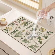 1 pieza Felpudo de secado de platos con estampado de hierbas, almohadilla absorbente para encimera de cocina, felpudo de goteo para tocador de baño, felpudo de drenaje de agua de silicona suave para grifos, posavasos de tocador, felpudo antisalpicaduras de inodoro, accesorios de cocina y baño - Multicolor - Ver 12