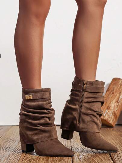 Slip-On Knee-High Boots With Chunky Heels, Minimalist And Versatile Pointed Toe, Women's Sexy Lady Rider Boots