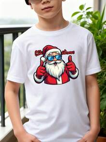 Playeras de niño Papá Noel con gafas de sol y pulgar hacia arriba conjuntos para adolescentes camisas para niño Camisetas de niña Camiseta de Halloween para niñas Regalos navideños Camisetas navideñas Camisetas para niños y niñas La tela es suave, transpirable y cómoda, hecha de puro - Blanco - Ver 1