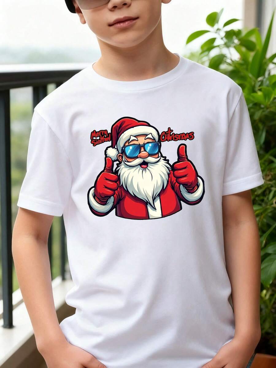 Playeras de niño Papá Noel con gafas de sol y pulgar hacia arriba conjuntos para adolescentes camisas para niño Camisetas de niña Camiseta de Halloween para niñas Regalos navideños Camisetas navideñas Camisetas para niños y niñas La tela es suave, transpirable y cómoda, hecha de puro - Blanco - Ver 1