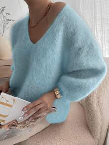 Áo len dệt kim mềm mại, cổ chữ V, màu trơn, dáng rộng, thường ngày dành cho nữ, mùa thu/đông - Màu xanh lam - Xem 3