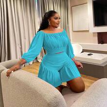 Plus Size Women's Ruffled One-Shoulder Puff Sleeve Top & Shorts 2-Piece Set - Sweetheart Neckline Waist-Defining Casual Outfit Date, Vacation & Party,Plus Size Fall Clothes Women,Plus Size Women Clothes,Seven Colors Are Available Selection.Please Check Size Chart Before Purchasing. - 藍色 - 查看 3