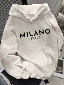 2025 HoodiesWomen's Slogan Print Thermal Lined Casual Loose Fit Hoodie Sweatshirt, Autumn/WinterLoose And Comfortablewinter Clothes For Women - 淺灰色 2 - 查看 12