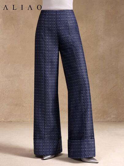 Pantalones de pierna ancha de estilo jacquard índigo lavado de alta gama, adecuados para otoño, eventos de fiesta blanca, estilo de dinero antiguo, estilo palaciego, digno, ropa casual de negocios, regreso a la escuela, estilo bohemio, Año Nuevo
