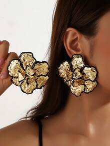 Golden Color Enameled Big Flower Floral Statement Earring For Women