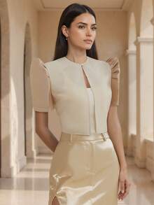 Amyenjoylife 现代菲律宾风情上衣，蝴蝶袖菲律宾风情上衣，夏季气质优雅泡泡袖短袖开衫上衣，菲律宾风情披肩 - 杏色 - 查看 5