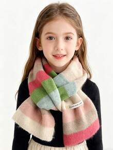 1pc Kids Rainbow Striped Patchwork Plush Knitted Scarf, Thick Winter Scarf In Macaron Colors, Warm & Versatile Cute Girls Scarf/Neck Warmer, Suitable For 9-16 Years Old, Outdoor, Party, Holiday, Back To School, Christmas, New Year Gift - Multicolor - View 3