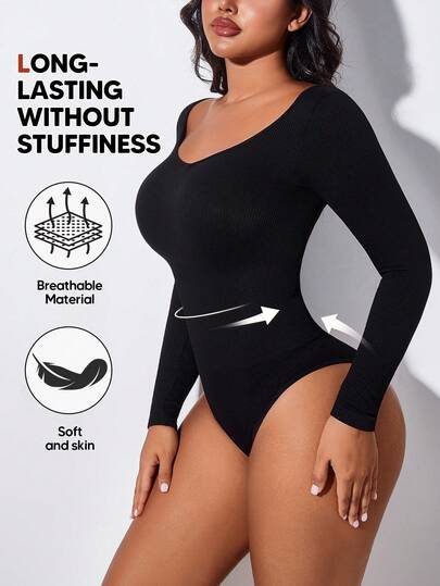 Blusa de manga larga con acanaladura fruncida de unicolor para mujer