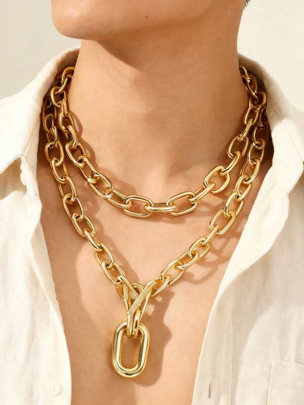 1 Piece Simple And Fashionable Metal Gold Chain Creative Thick Chain Multi-Layer Necklace For Women To Wear At Parties Every Day