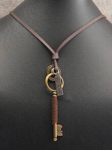 1 件男士天鵝絨繩索和幾何設計古董銀色鑰匙和皮革鏈項鍊