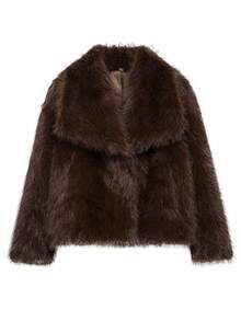Women's Brown Faux Fur Short Jacket, Autumn/Winter Faux Fur Short Coat, Long Sleeve Women's Winter Plush Jacket - Brown - View 5