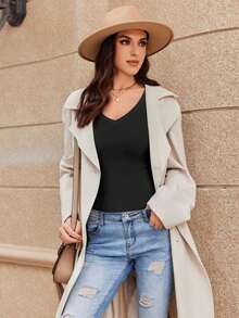 VERACT Womens V Neck Long Sleeve T Shirt Fitted Top For Women Low Cut Tight Shirts Going Out Casual Basic Fall And Winter Clothes - 黑色 - 查看 5