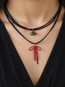 1 pieza Collar de Navidad de niña dulce, gargantilla de doble capa con campana roja y verde con moño, joyería para fiesta y citas, adecuada para fiestas de Navidad, reuniones, regalo - Colgante de Navidad - Ver 6