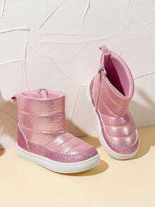 黑色轻便厚底男女通用侧拉链儿童雪地靴，舒适透气防滑防寒户外时尚休闲徒步远足跑步休闲高帮多功能平底靴 - 粉色 - 查看 4