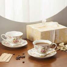 1pc Floral Pattern Ceramic Coffee Mug, Fashionable Couple Milk Cup, High-Quality Breakfast Cup, Suitable For Coffee, Milk, Cocoa, Cinnamon Latte, Creative Holiday Christmas And Birthday Gift - Multicolor - View 5