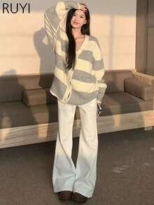 女士白色中腰牛仔裤，韩版简约修身喇叭裤，百搭休闲日常显瘦时尚牛仔裤 - 白色 - 查看 2