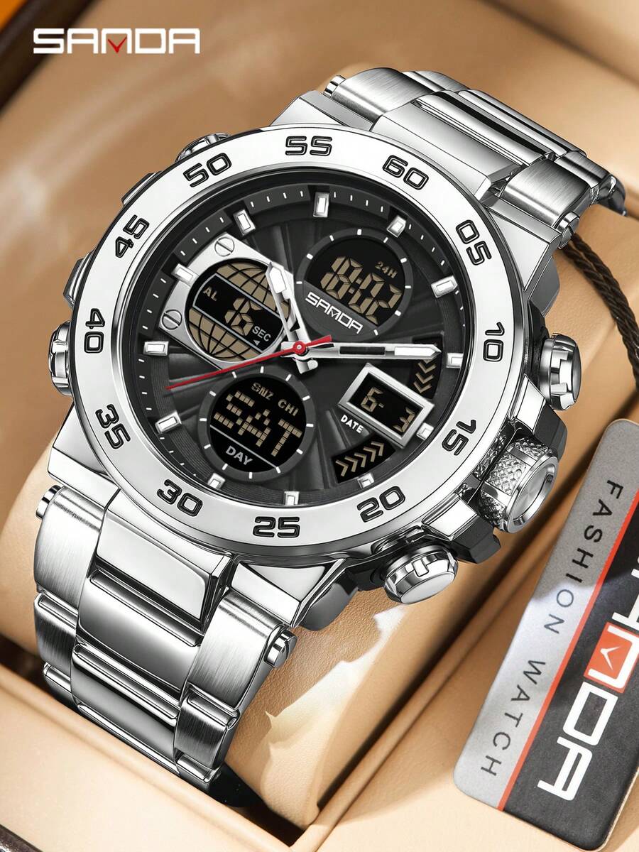 SANDA. Reloj deportivo SANDA 6312 de acero inoxidable nuevo, con pantalla dual, movimiento dual, resistente al agua 5ATM, reloj electrónico multifunción para hombres - Plateado - Ver 1