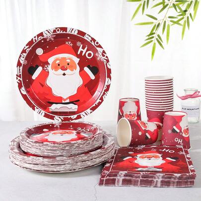 Conjunto de talheres descartáveis OH Papai Noel, pratos de papel descartáveis de 7/9 polegadas para festa de Natal, copos de papel descartáveis, pratos, guardanapos, adequado para 10/24 convidados, adequado para celebrações de feriados, decorações de Natal, especialmente adequado para eventos de Natal e artigos para festas.