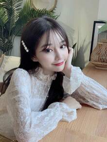 蕾丝花卉图案优雅镂空长袖高领女式衬衫（不含内衬）