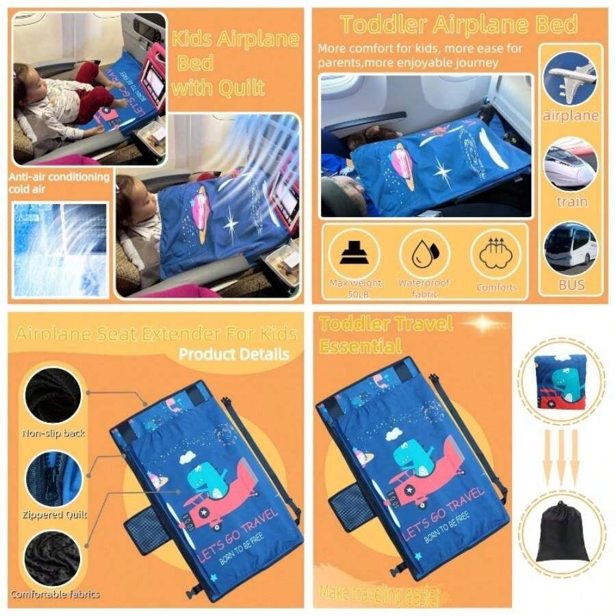 - Cama de avin para nios pequeos, extensor de asiento de avin para nios, cama de viaje porttil para nios, esencial de viaje para nios, cuna plegable para nios azul marino - 02 - Azul - Ver 1