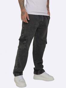 Men's Marbled Cargo Jeans Without Lycra, Drawstring Waist - Black - View 5