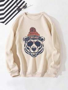 Valentine Outfits For Women/Men Mens Clothes Men's Casual Loose Fit Crew Neck Sweatshirt With Bear Head Graphic Print, Chicago-Inspired Design Supple - 黑色 - 查看 10