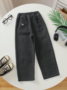 1pc Tween Boys' Casual Distressed Wide Leg Jeans, Street Style, Spring/Summer 2025 New Collection - Black - View 2
