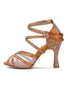 Giày khiêu vũ Latin màu đồng, giày khiêu vũ Tango Salsa đế mềm dành cho nữ, giày dự tiệc trong nhà bằng satin, giày cưới đính đá, gót cao kiểu 9cm, giày thi đấu và tập luyện. - Đồng - Xem 2
