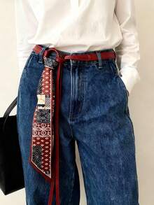 1 件男女通用复古朋克嘻哈腰带 - 红色和黑色拼色搭配白色花卉图案，可调节带扣，适合搭配裤子、连衣裙和休闲装 - 男女时尚腰带 - 彩色 - 查看 11