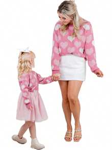 Mommy And Me Family Matching Sweaters Christmas/New Year/Valentine's Day Outfit Long Sleeve Crew Neck Cable Knit Sweaters MamaMini Pullover Jumpers Tops - 粉色 - 查看 2