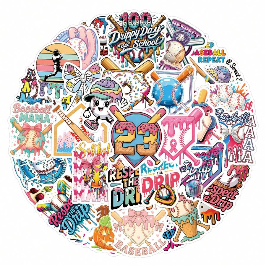 54PCS Ice Cream Drip Baseball Stickers Vinyl Aesthetics Stickers Scrapbooking, Diary, Bumper, Skateboard, Water Bottle, Cartoon, Hard Hat, Car Stickers And Decals - Multicolor - View 1