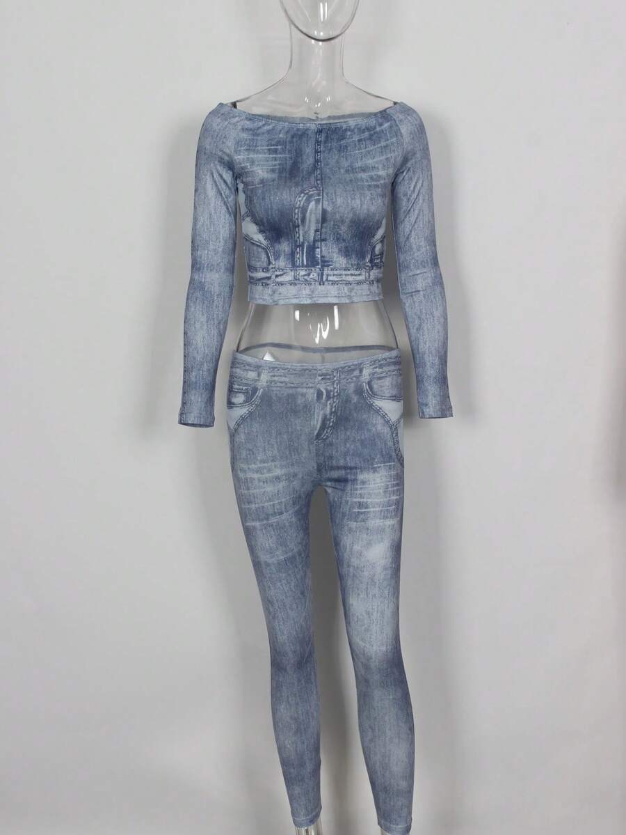 Off Shoulder Crop Top & Leggings - Blue - View 1