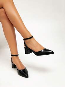 Women's New Black High Heel Shoes, Quality Pearl PU Leather, Minimalist & Versatile, Suitable For Commuting, Office, Workplace, Sexy Party, Closed Toe Backless Buckle Chunky Heel Sandals, Black, All Season - Black - View 2