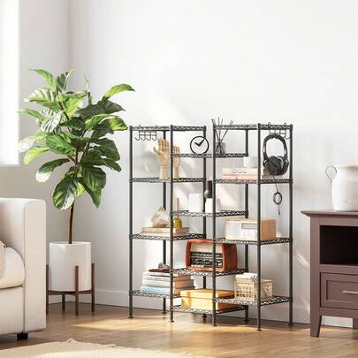 Metal Storage Shelf, Wire Basket Shelving Unit, Kitchen Storage Rack, 4 Hooks, PP Sheets, Adjustable Shelves, Total Load Capacity 100 Kg, For Bathroom, Pantry, Small Spaces