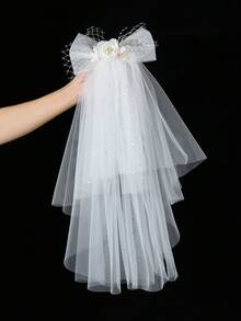 قطعة واحدة من إكسسوارات فستان حفلة البنات، الحجاب والزهرة للرأس لإكسسوارات العروس والخادمات، حجاب أبيض لامع