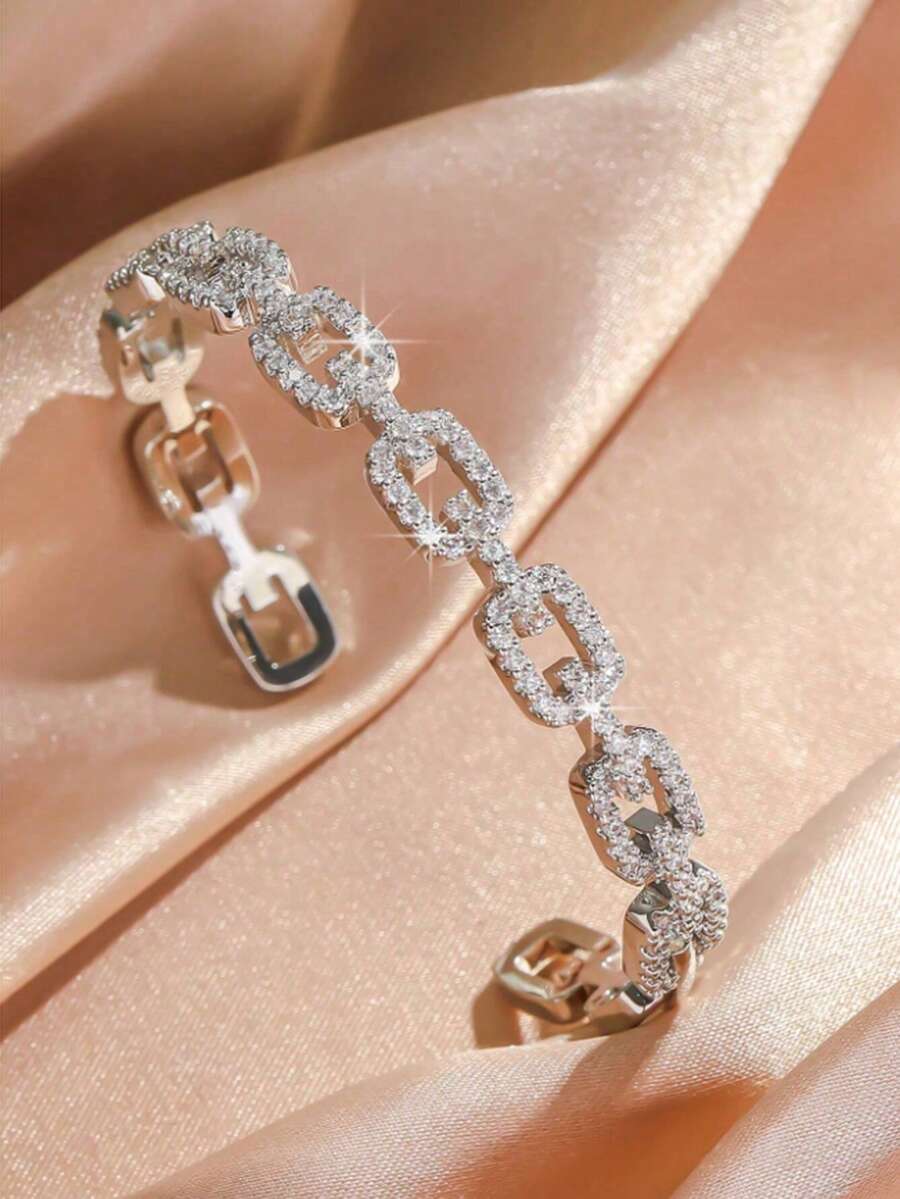 1 件不锈钢方晶锆石电镀锆石链式手镯，简约百搭闪亮高端时尚女士珠宝 - 銀色 - 查看 1