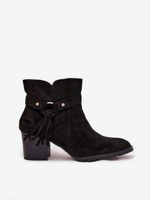 Women's Heeled Ankle Boots Made Of Synthetic-Suede With Fringe, Perfect For Autumn And Winter Beige Brown Black - Black - View 7