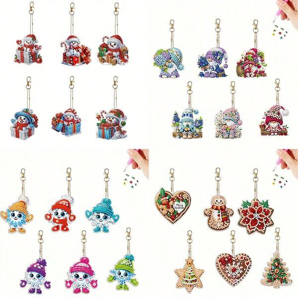 6 piezas Llaveros de arte de diamantes DIY, 4 estilos diferentes para elegir, patrón de muñeco de nieve de invierno, asimétrico de doble cara con rhinestones, efecto exquisito, colgante de mochila, decoración colgante de coche, juego de manualidades de mosaico, decoración de regalo de Navidad y cumpleaños