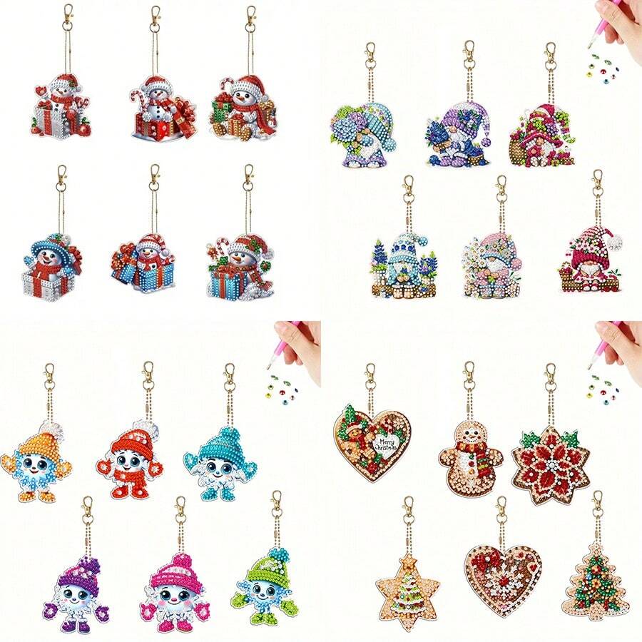 6 piezas Llaveros de arte de diamantes DIY, 4 estilos diferentes para elegir, patrón de muñeco de nieve de invierno, asimétrico de doble cara con rhinestones, efecto exquisito, colgante de mochila, decoración colgante de coche, juego de manualidades de mosaico, decoración de regalo de Navidad y cumpleaños
