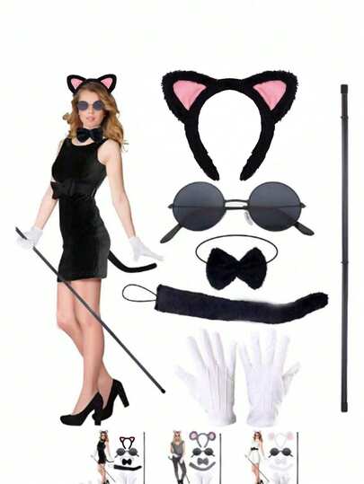 6 件套万圣节老鼠服装配饰套装，老鼠头带、耳朵、项圈、下巴、圆形眼镜、盲棍、白手套