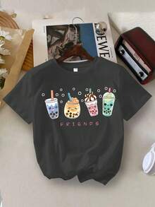 1PC Girls Sweet & Cute Bubble Tea Print Short Sleeve T - Shirt, Comfortable And Breathable, Summer Daily Casual Wear