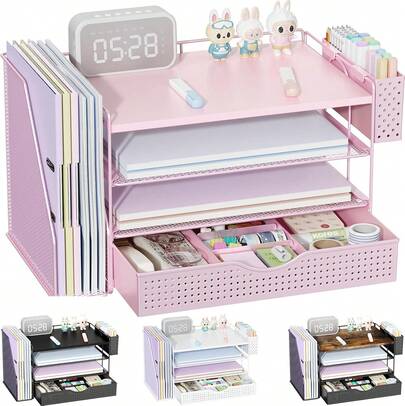 Wood Desk Organizers And Accessories With File Holder, 4-Tier Desk Accessories & Workspace Organizers With Drawer And Pen Holder, Paper Organizer For Office Supplies (Pink),24329186
