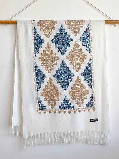 1pc Women's Autumn/Winter Faux Cashmere Embroidered Scarf, Thick Warm Tasseled Embroidered Bohemian Style Travel Shawl Poncho