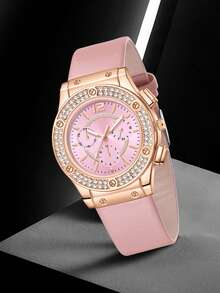 7pcs, Ladies' Watch, Modern Minimalist Luxury Diamond Studded Quartz Watch, Pu Strap, Paired With Pink Floral Bracelet Set, Including Bracelet, Ring, Necklace, Earrings, Watch Bracelet Set, Suitable For Daily Wear, A Birthday Gift For Friends