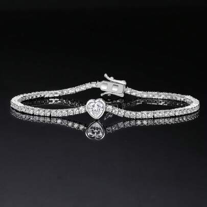 MDFUN 1pc Fashionable & Versatile White Gold Copper Micro-Inlaid Zirconia Heart/Rectangle Zirconia Tennis Bracelet, Suitable For Women's Daily Wear And Gift