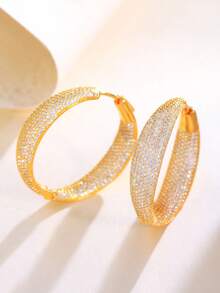 1 par de pendientes de aro grandes y gruesos con circonita cúbica microempotrada estilo Dubai, chapados en oro amarillo, joyería de circonita cúbica para mujeres, adecuada para novias, bodas, compromisos, banquetes, fiestas, damas de honor, regalo para la madre