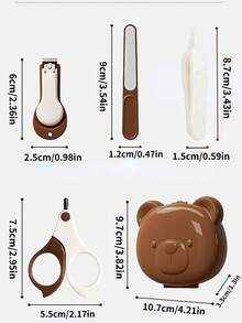 5件套棕色婴儿指甲护理套装卡通便携设计指甲剪、指甲钳、鼻镊指甲锉收纳盒圆形刀片防止意外受伤专业婴儿设计带指甲钳带碎屑收集功能PP+不锈钢材质