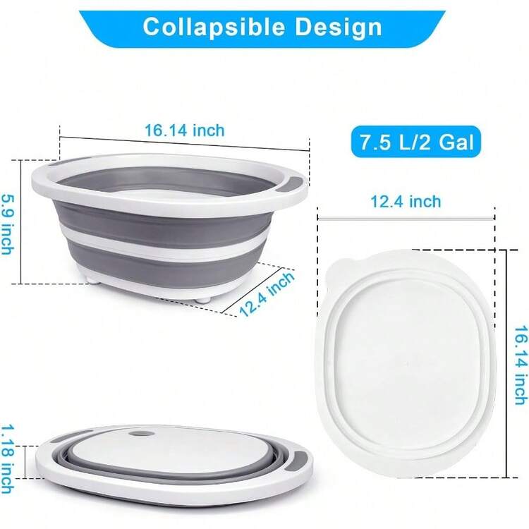 Collapsible BBQ Prep Tub With Lid 7.5L Bottle Wash Basin With Drain Plug Chopping Board Colander For Kitchen Portable Camping Sink Dish Basin Folding Dish Pan Storage Basket Picnic BBQ Accessories - 灰色的 - 查看 4